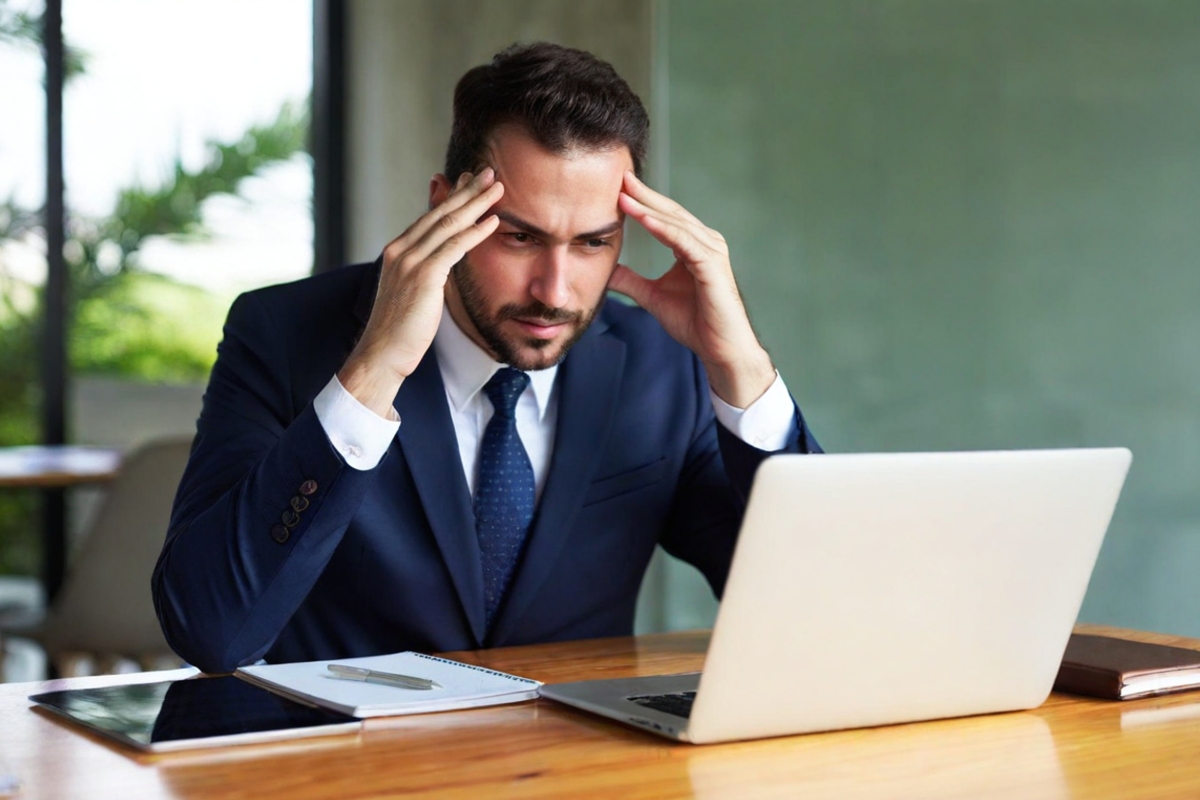 frustrated businessman starting at laptop